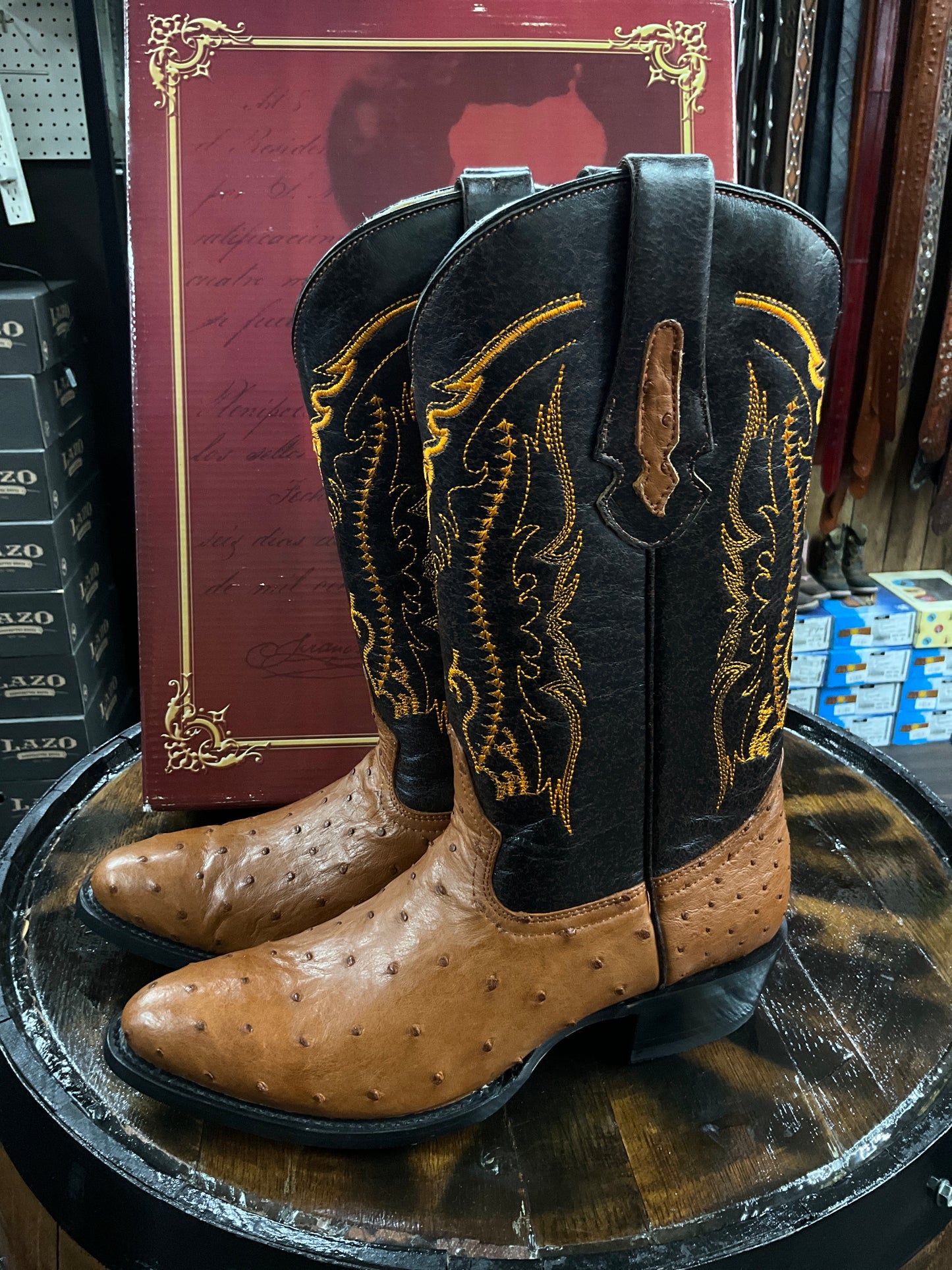 Arango Ostrich Cognac Exotic Men’s Semi-Oval Western Boots