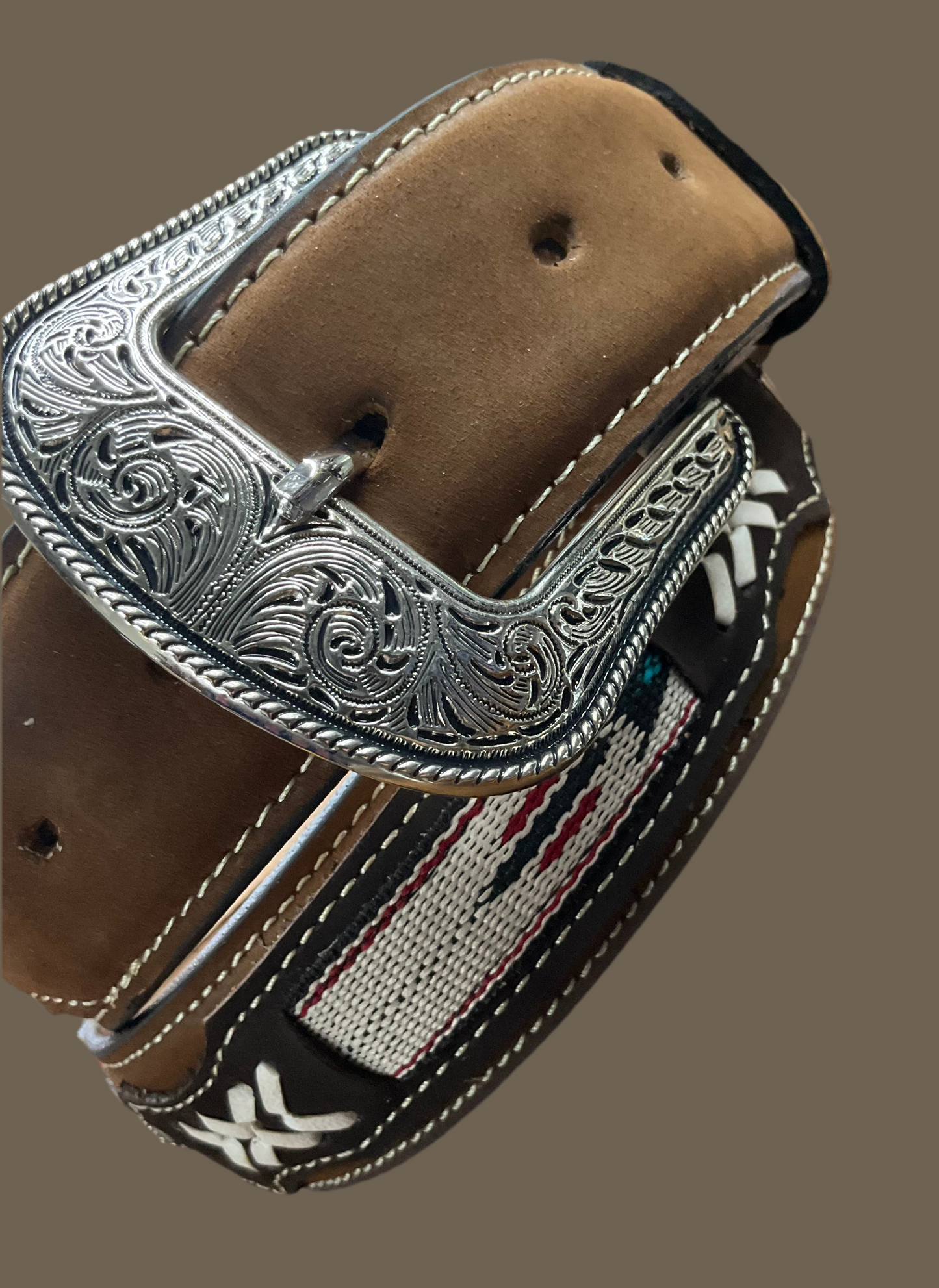 Mens Belt Brown White Designs Faux Suede