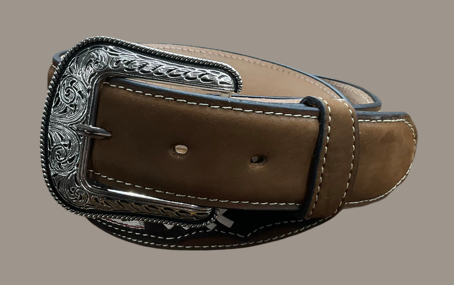 Mens Belt Brown White Designs Faux Suede