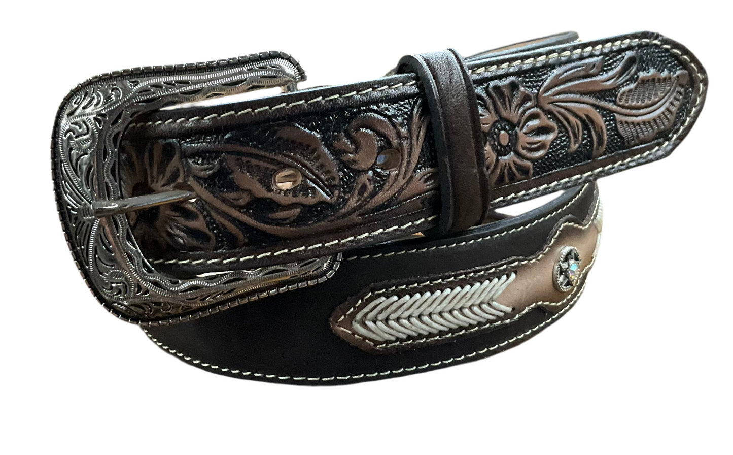 Men belt leather brown suede cincelado Estrella ( Cinto de hombre gamuza conchos Estrella )