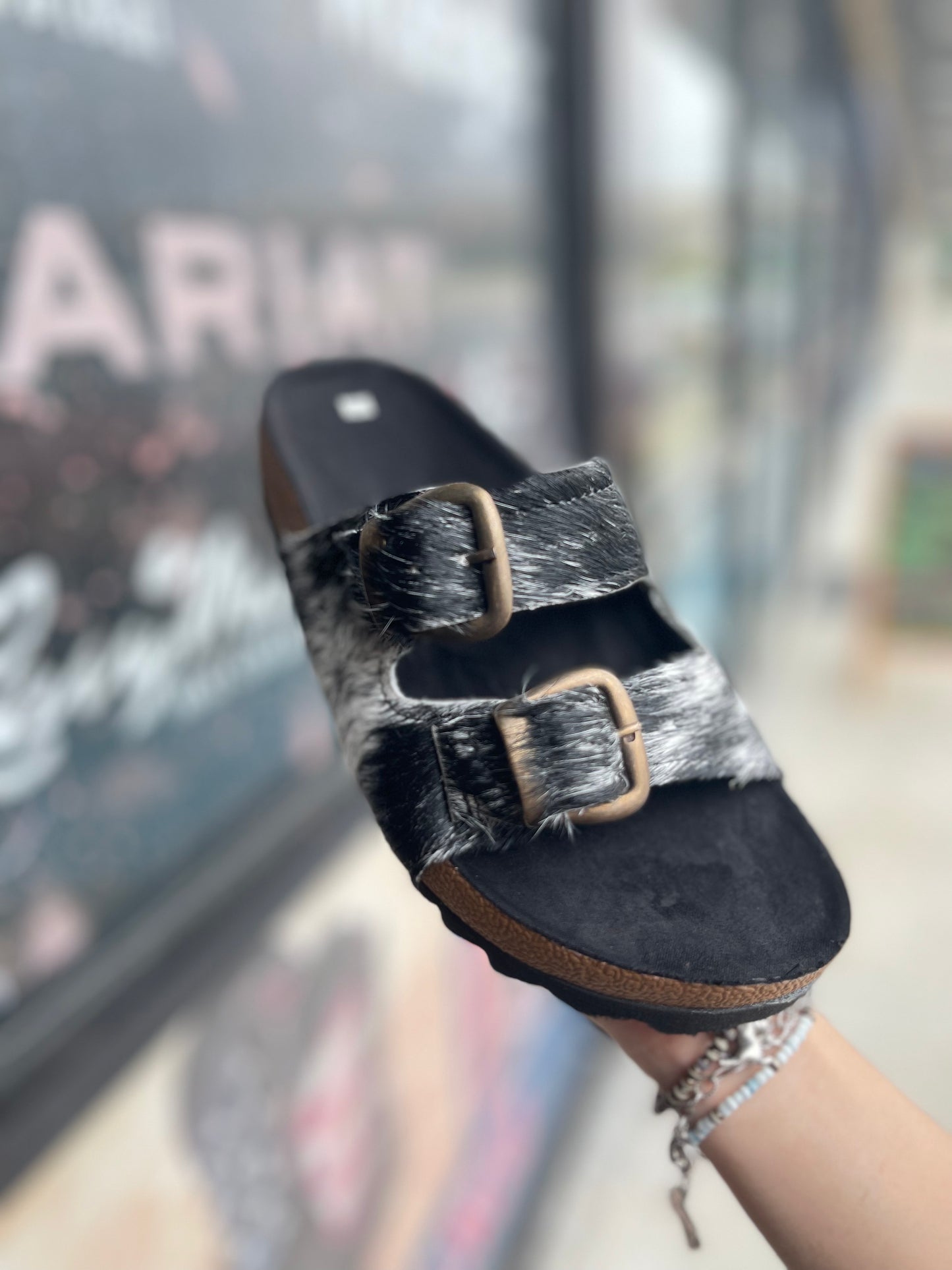 Black Cowhide Sandals