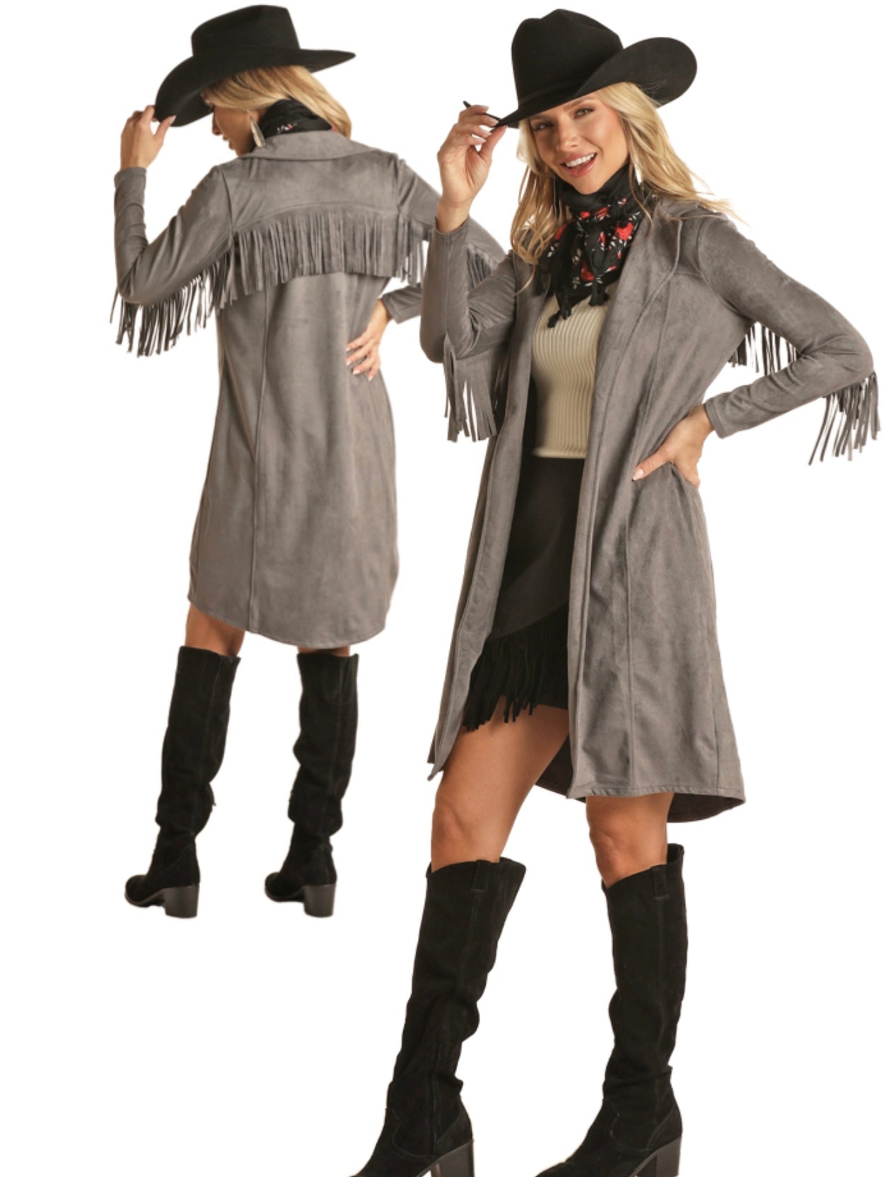 Women’s Rock and Roll Microsuede Duster With Fringe grey