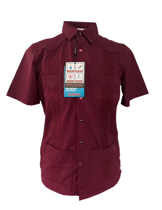 Platini Guayabera Performance Burgundy/Vino Short Sleeve Manga Corta Mens Guayabera Caballero)