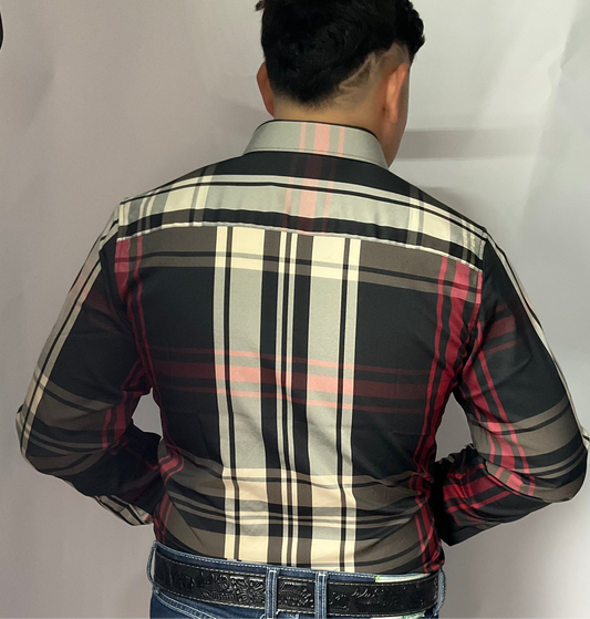 Platini Red Black Plaid Stretch Square Design Shirt style Chl10887