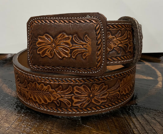 Tooled Honey Leather Western Belt
