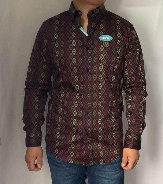 Platini Modern Fit Stretch Burgundy Toned Diamond Men Shirt