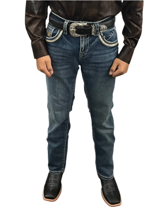 Montero MT-4639 light blue men’s embroidered stretch jeans