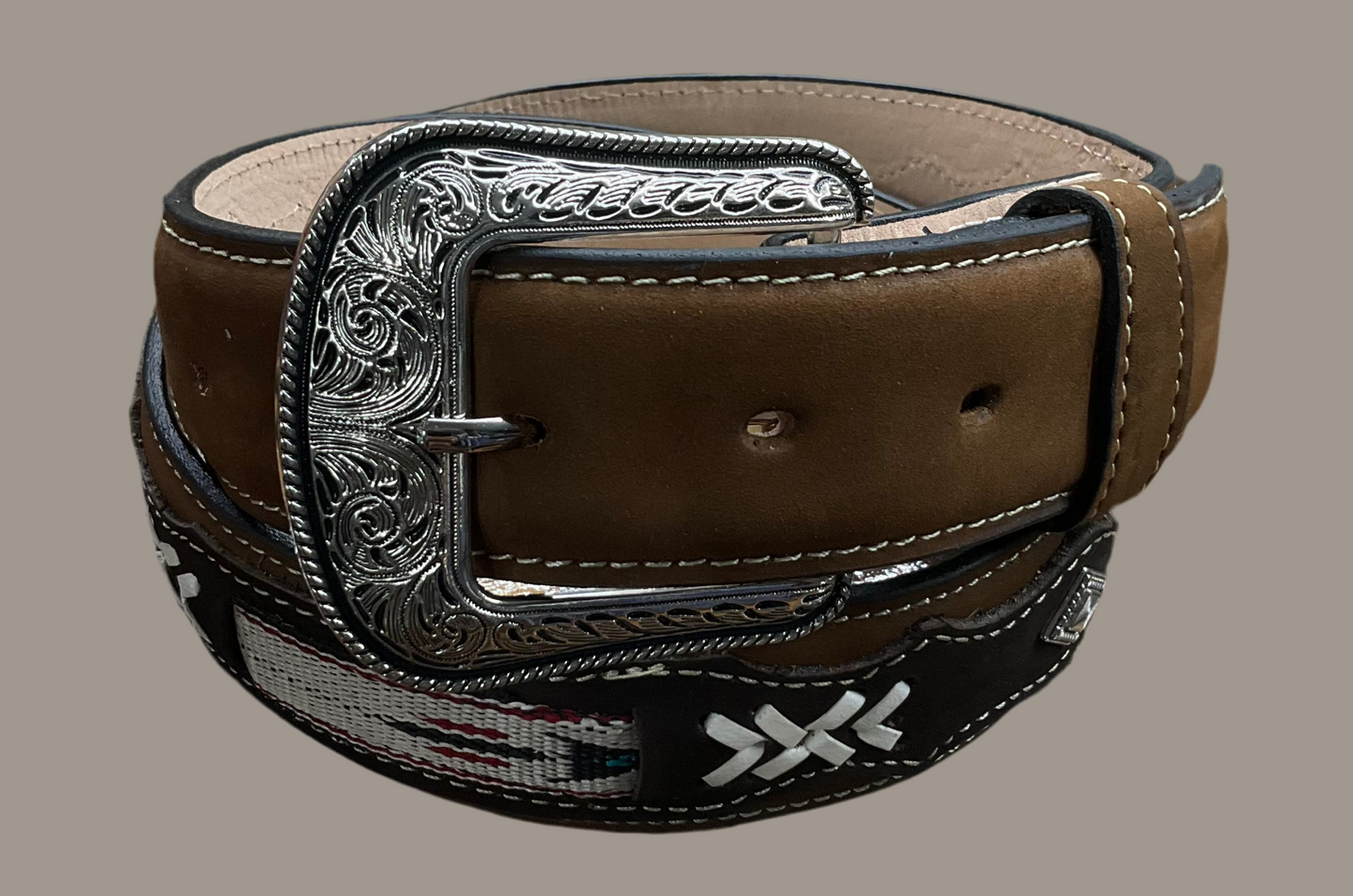 Mens Belt Brown White Designs Faux Suede