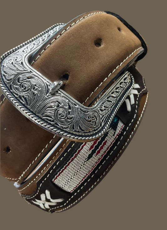 Mens Belt Brown White Designs Faux Suede