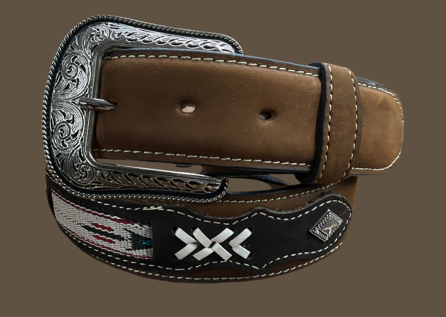 Mens Belt Brown White Designs Faux Suede