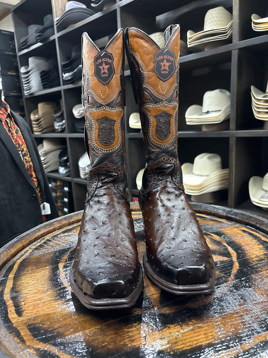 Narrow Square Toe Ostrich Faded Brown Exotic Men Boot