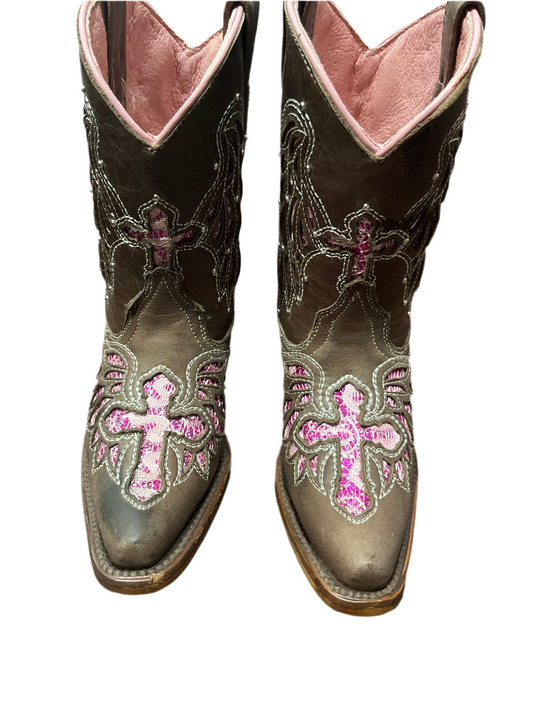 Ok corral Kids (Girls) Boots Clearance Final Sale/Last pair cross pointed- toe boots brown/pink