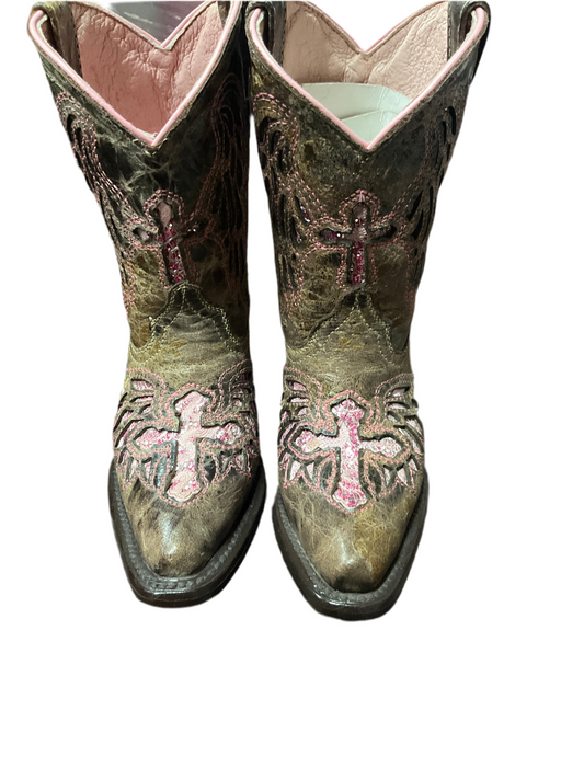 Kids (Girls) Boots Clearance Final Sale/Last pair cross pointed- toe boots brown/pink