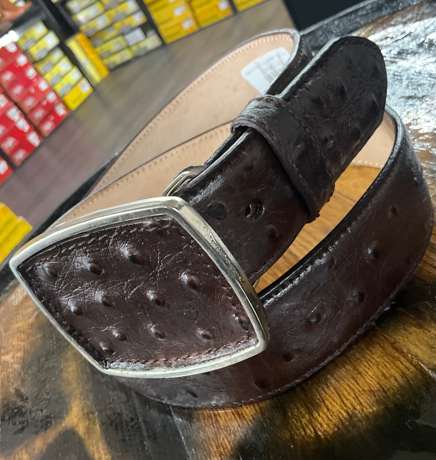 Mens Belt Ostrich Imitation Tabacco