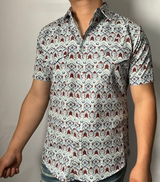 Platini Performance Featured Full Mens Shirt (Camisa Caballero) light blue with patterns Short Sleeve Manga Corta