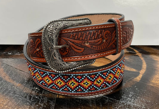 Brown Leather Belt Beaded And Floral Print